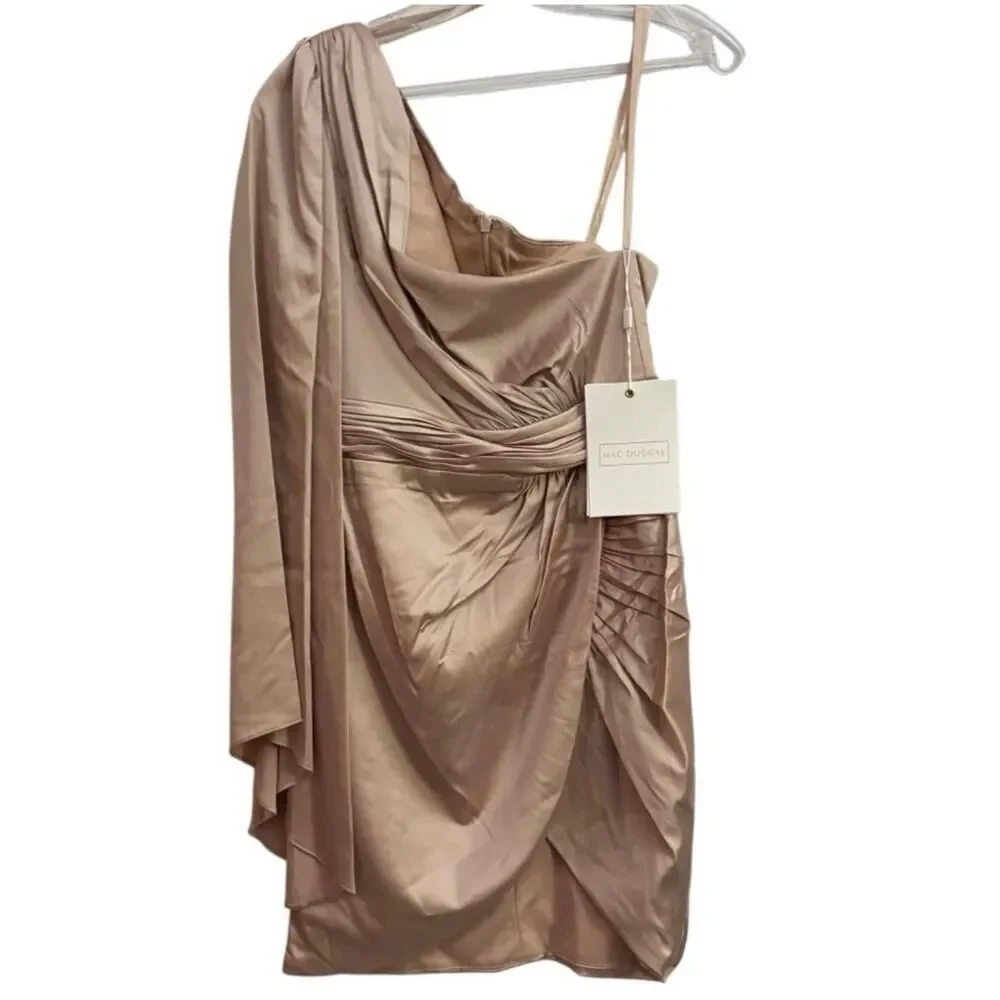 Mac Duggal One Shoulder Satin Mini Dress Nude Blush Draped Sleeve Ruched 2 NWT